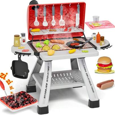 RUVINCE Kids BBQ Grill Playset With Realistic Smoke, Sounds & Lights – 2-Layer Pretend Kitchen Toy With 30+ Accessories, Interactive Cooking Game For Boys & Girls Ages 3-8
