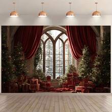 1 festliche Weihnachtsszenen Kulisse mit großen Bogenfenstern, Vorhängen, geschmücktem Weihnachtsbaum und Geschenken, geeignet für Weihnachten, Neujahrsfeiern, Urlaubsgeschenke, Hochzeiten, Geburtstage, Jahrestage, Familienfeiern, Themenpartys, Schlafzimmer, Wohnzimmer, Terrasse und Outdoor-Dekorationen, Studioprops, Eventdekorationen