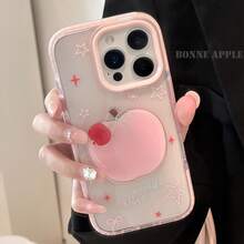 حافظة هاتف بشكل تفاحة ثلاثية الأبعاد دوارة باللون الوردي متوافقة مع هاتف آيفون 16 برو ماكس، حافظة سيليكون ناعمة وشفافة بتصميم بسيط وجميل متوافقة مع هواتف آيفون 14 و 13 و 11