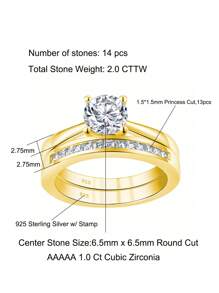 AIHUASI 2pcs/Set Elegant 925 Sterling Silver Yellow Gold Color Wedding Rings Bridal Set For Women 6.5*6.5mm 1.0 Carat Brilliant Dazzling Round Cut AAAAA Cubic Zirconia Solitaire Engagement Ring Fine Jewelry Valentines Gift - Yellow Gold - View 7