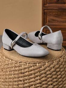 女士 3 厘米布面高跟时尚百搭白色玛丽珍鞋，适合所有季节 - 灰色 - 查看 3