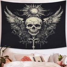 Gothic Skull Tapestry With Wings & Sun Motif - Peach Light Beige Fabric Wall Hanging For Dorm, Bedroom, Living Room - Lightweight Durable Decor, No Electricity Needed, Perfect Gift For Skeleton Lovers, Study Room Accent| Mystical Decor Piece| Easy Hang Design, Gothic Home Decor - Màu sắc hình ảnh - Xem 6