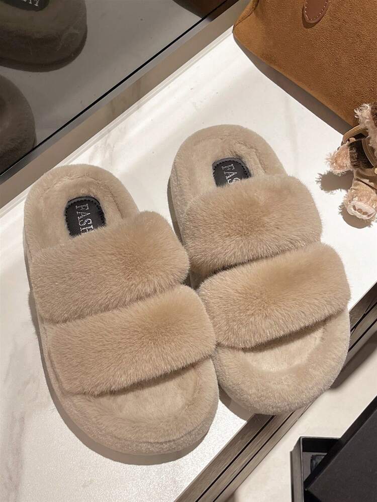 2025新款女士冬季热销厚底高跟毛绒拖鞋户外穿秋季新款仙女风短款女童休闲增高厚底拖鞋居家/办公室拖鞋尺码34-42 - 卡其色 - 查看 7