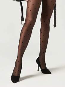 1件装女士休闲可爱爱心印花连裤袜，适合聚会和用餐场合 - 黑色 - 查看 2