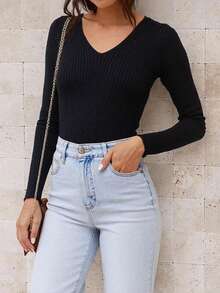 GIGOGOU 春秋季V领基本款女士罗纹毛衣时尚性感修身休闲上衣