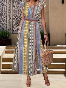 Women Summer Side Split Dress Flying Sleeve V Neck Pattern Print Dress For Party Club - 黃色 - 查看 5