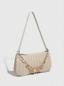 Minimalist Versatile Small Shoulder Bag, Underarm Bag, Baguette Bag, Woven Bag, Women Straw Bag - Beige - View 5