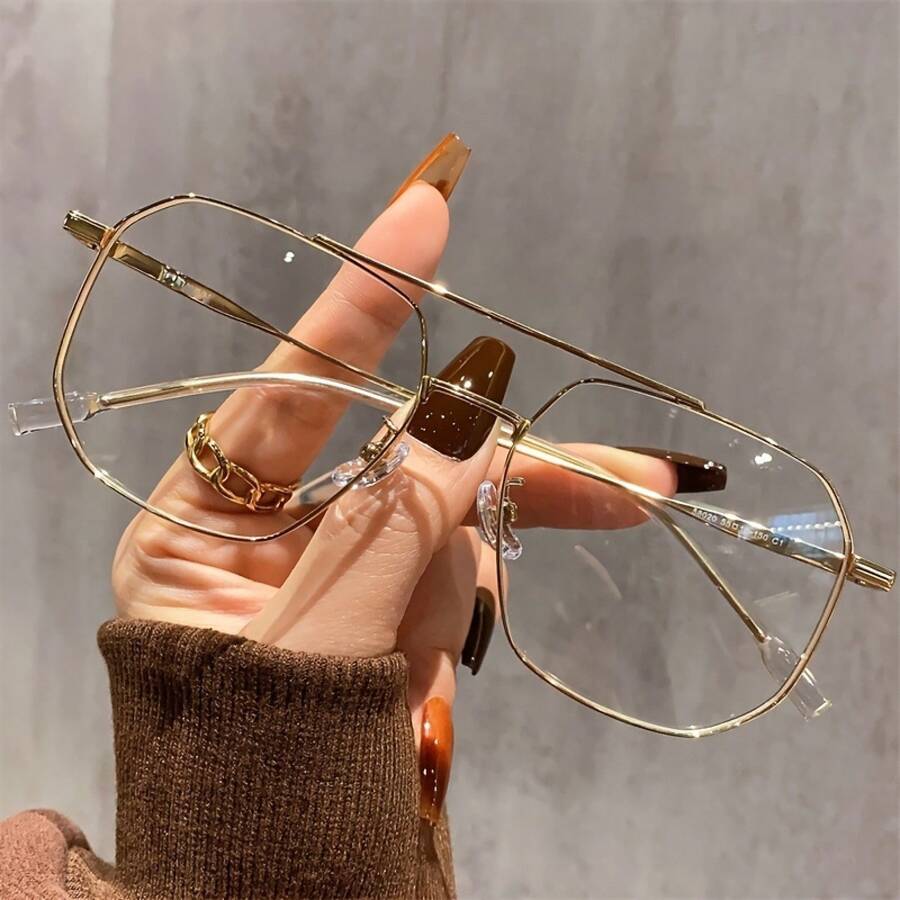 Unisex Blue Light Blocking Glasses - Classic Retro Double Bridge Metal Frame For Computer & Office Use (Black/Clear Non-Prescription Eyewear) - Gold - View 1