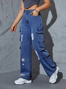女式高腰破洞直筒多口袋工装牛仔裤