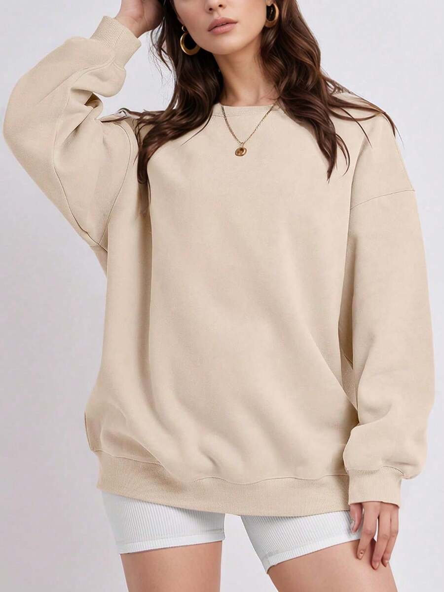 Women's Casual Crew Neck Sweatshirt Loose Soft Long Sleeve Pullover Tops - Apricot - View 1
