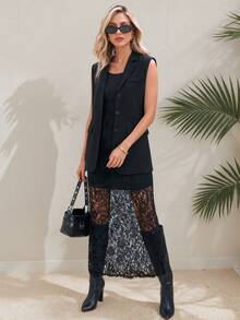 性感镂空蕾丝裙女式优雅 A 字中长裙后开叉松紧腰迷你黑色裙子 - 黑色 - 查看 5