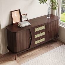 Sideboard, Rattan Chest Of Drawers, Chest Of Drawers With Sliding Doors, Adjustable Shelves And Rounded Top. - Natural + Particle Board - View 10