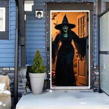 1pc Halloween Door Curtain Banner, Evil Red-Eyed Open Mouth Witch Design 2D Banner, Spooky Halloween Decor, Suitable For Home Decor, Doorway, Patio And Garden, Durable Polyester Material, Halloween Decoration