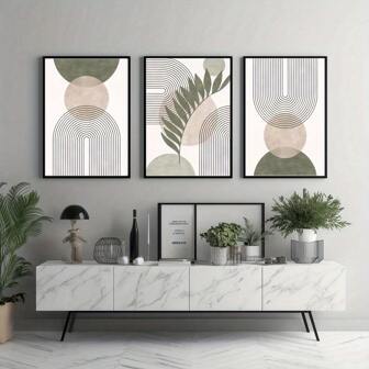 Set de 3 piezas de pintura en lienzo, obra de arte enmarcada para decoración del hogar y la oficina - Póster de arte abstracto moderno de mediados de siglo, geométrico y de hojas con marco de madera, para café, sala de estar, bar, hogar y decoración de paredes de dormitorio