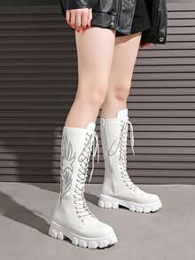 Botas bordadas para mujer 2025, botas de montar de suela gruesa y caña alta, botas altas con cordones hasta la rodilla, otoño/invierno