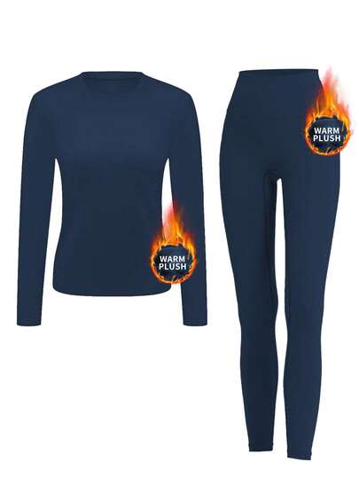 Women's Solid Color Fleece Thermal Underwear Set, Comfortable Base Layer, Warm Tight Pants For Outdoor Activities, Skiing, Long Sleeve Crew Neck Top And Pants Set, Yoga Outfit Winter