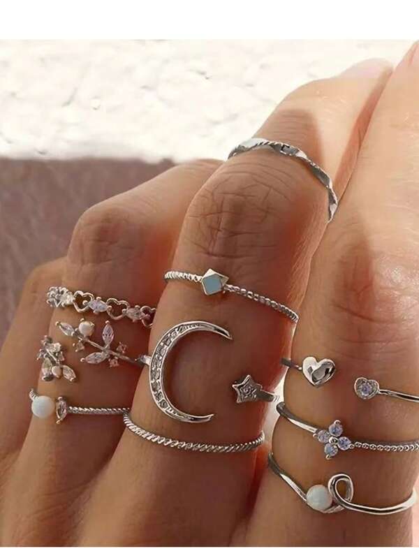 10pcs Rhinestone Decorated Heart, Moon & Flower Ring Set