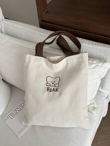 1 件黑色字母印花女士手提包，敞口帆布单肩包，适合学生、大学、高中的简单手提包，可容纳笔记本、文件、旅行