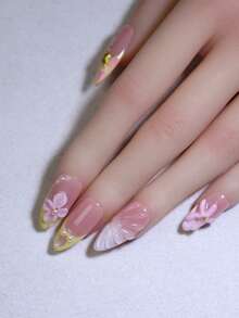 10pcs Set Almond Handmade Flowers And Starfish 3D Nails Sweet Pink & Yellow Color Block French Style Nail Art Design Manual Nails With Shells Nail Charm Decoration False Nails Tips Reusable For Four Seasons DIY Nail Beauty - Pink - View 5