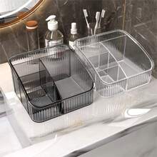 1pc Large Capacity Transparent Compartment Cosmetic Storage Box, Vanity Tabletop Skincare Organizer, Makeup Brush & Lipstick Holder, 5-Slot Storage Rack