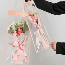 10pcs Pink & White Floral Transparent Gift Bags With Ribbon Handles - Ideal For Mother's Day Bouquets, Teacher's Day, Christmas, Valentine's Day Single Stem Packaging And Elegant Gift Wrapping, Durable Plastic Bouquet Packaging And Party Favor Bags