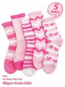 5双粉色毛绒袜，情人节礼物，女士毛绒袜，闺蜜节礼物，圣诞礼物 - 粉色 - 查看 9