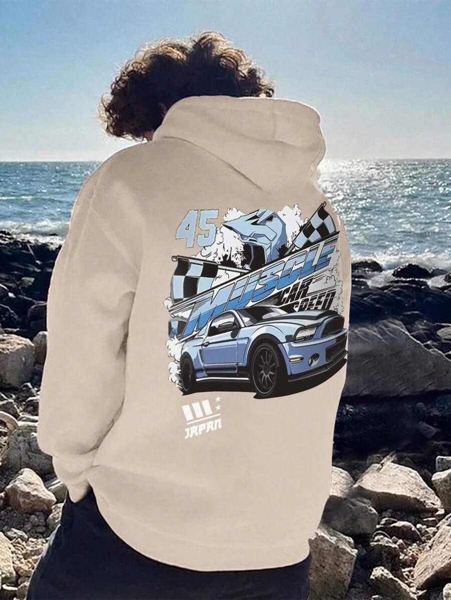 1 件男童休闲印花连帽卫衣，秋冬季保暖内衬套头衫，传奇与勇敢的心汽车图案设计，适合有远大梦想的孩子