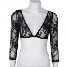 Women Summer Sexy Blouse, Lace Sheer Deep V-Neck Long-Sleeves Tight-Fitting Crop Top For Girls, Black/White - 黑色 - 查看 2