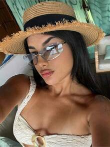 1PC European And American Summner New Y2K Sexy Girl Fashion Glasses, Letter Integrated Fashion Glasses, Y2K Slim Fit Wrap Around Fashion Glasses Beach Accessories For Women Glasses Shades Preppy Style For Back To School Wrap Shape Temple Decor - 漸變藍 - 查看 6