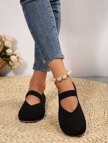 2025年秋季女士四季针织玛丽珍平底鞋，纯色一脚蹬圆头鞋，织物鞋面和衬里，橡胶鞋底，可机洗 - 黑色 - 查看 5