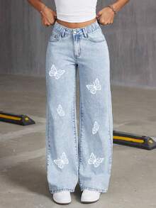 Teens' Butterfly Print Loose Wide Leg Jeans - Light Wash - View 3