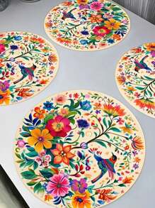 4/6 piezas Manteles individuales redondos de estilo mexicano vibrante con flores y pájaros, manteles de mesa de lino de 35 cm con flores coloridas y colibríes - perfectos para fiestas, cocina y decoración del comedor, manteles individuales vibrantes para mesa de fiesta