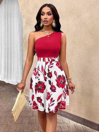 Elegancka sukienka damska na jedno ramię z nadrukiem roślinnym w kształcie litery A (losowy wzór kwiatowy)