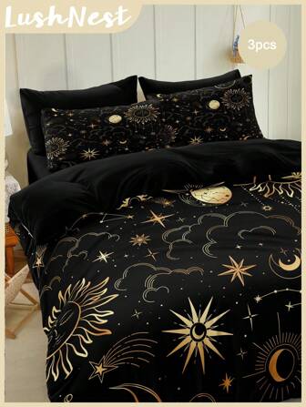 Black Gold Sun And Moon Bedding Set Boho Duvet Cover Set Gold Moon And The Stars Printed 3 Pieces Room Decorations Bohemian Comforter Cover Soft Microfiber Duvet Cover For Boys Girls 2 Pillowcases No Comforter Gifts