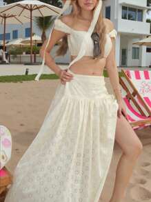 DECODE DIVA Bohemian Style Short Crop Top & High Waist Skirt 2pcs/Set, Spaghetti Strap Backless Two Pieces Outfit,For Beach Vocation,Holiday Outfit, Romantic Vacation Outfit,Back To School,Valentine's Day - 米色 - 查看 6