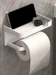 1PC Beautiful, Practical, Easy To Install, No Drilling Required Bathroom Tissue Holder - With Phone Holder, Storage Rack, Toilet Paper Holder, Towel Storage, Bathroom Supplies, Plastic Material Wall Mounted Toilet Paper Roll Holder With Storage Rack, Plastic Bathroom Decoration