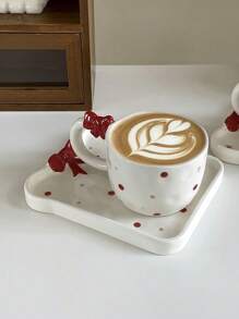 1pc French Ins-Style Handpainted Embossed Bow Ceramic Cup, Cute Polka Dot Floral Mug, Asymmetrical Water Cup, Home Afternoon Tea Coffee Cup, Latte Art Cup, Design Handmade Cup, Dessert Cup, Water Mug, Breakfast Milk Cup, Gift Cup Back To School - Multicolor - View 16