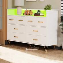 Cómoda para dormitorio con luz LED y estación de carga, cómoda de madera de 8 cajones con espacio abierto, cómoda moderna con cajones anchos para sala, entrada y pasillo - Blanco - Ver 1