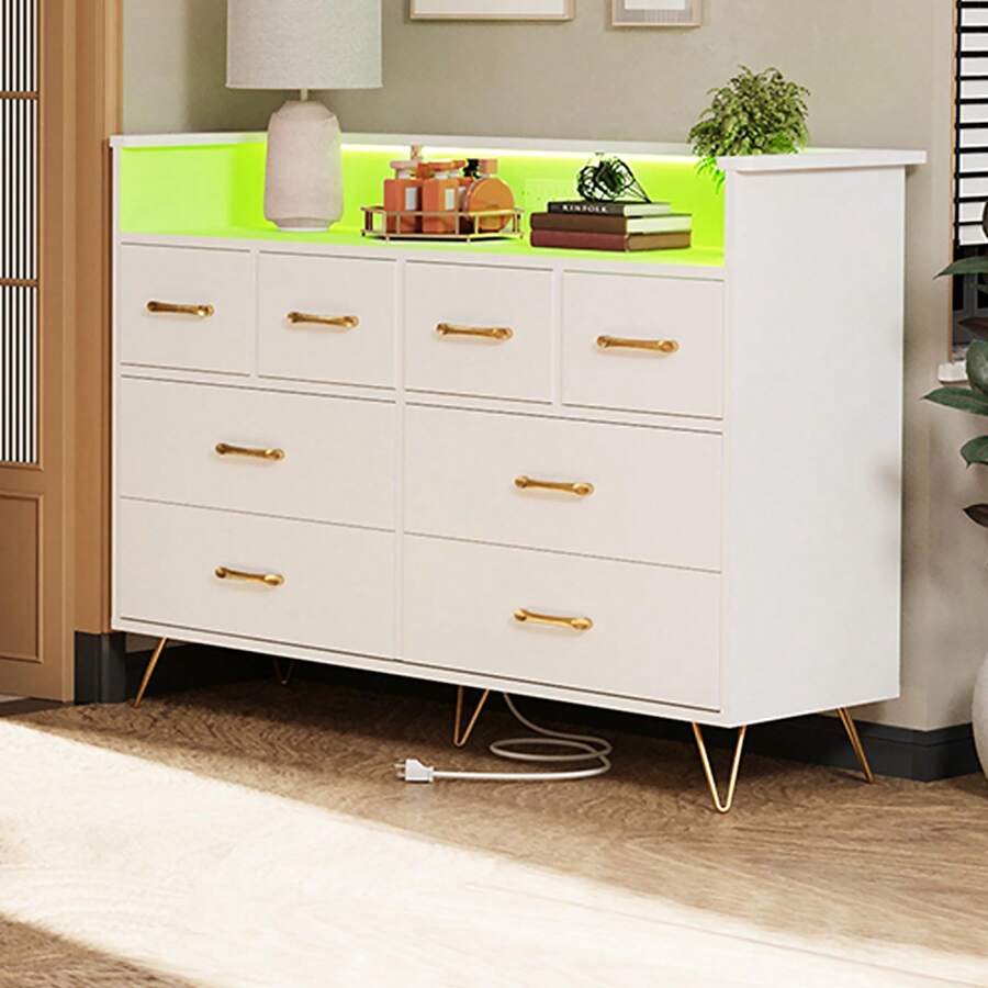 Cómoda para dormitorio con luz LED y estación de carga, cómoda de madera de 8 cajones con espacio abierto, cómoda moderna con cajones anchos para sala, entrada y pasillo - Blanco - Ver 1