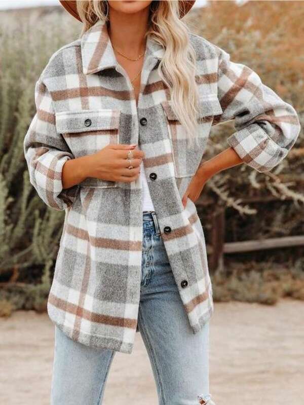 Women's Flannel Thick Coat,Classic Plaid Pattern Button-Up Long Sleeve Warm Jacket With Pockets