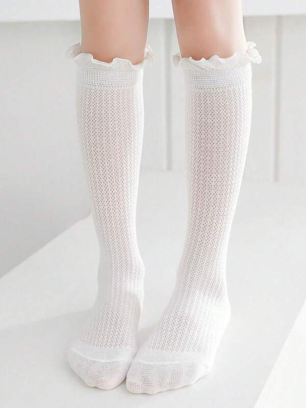 1 par de calcetines hasta la rodilla con volantes blancos, encaje elegante, estilo princesa lolita, versátiles calcetines de baile con ribete de encaje