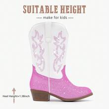 Girls Pink Glitter And White PU Western Cowboy Boots Pointed Toe Mid Calf Rhinestone Riding Cowgirl Boots For Toddler Little Big Kids Party School Holiday Dress Up - 粉拼白 - 查看 2