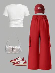 Tween Girl 字母图案印花短袖 T 恤和工装裤 - 紅色 - 查看 2