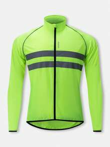 HISERWA Chaqueta de ciclismo de manga larga con decoración de rayas para hombres, ropa de ciclismo de carretera y montaña a prueba de viento con rayas reflectantes, cortavientos con capucha coleccionable, para primavera/verano/otoño, chaqueta para deportes al aire libre/ciclismo/senderismo/trekking - Verde - Ver 1