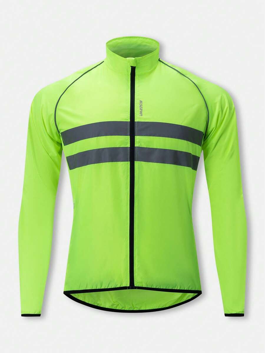 HISERWA Chaqueta de ciclismo de manga larga con decoración de rayas para hombres, ropa de ciclismo de carretera y montaña a prueba de viento con rayas reflectantes, cortavientos con capucha coleccionable, para primavera/verano/otoño, chaqueta para deportes al aire libre/ciclismo/senderismo/trekking - Verde - Ver 1