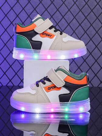 Mid-Top LED Lighting Soft Leather Breathable Sports Shoes, Suitable For Boys And Girls - Casual, Shock-Absorbing, All-Season Non-Slip Outdoor Running And Walking Shoes