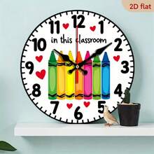 2D Flat, Retro Crayon Theme Classroom Wall Clock - 10inch Wooden Quartz Movement, Non-Luminous, Round Shape, Perfect For Halloween And Christmas Home Decor, Classroom Decoration |   Optimistic Design |   Wooden Clock, Classroom Decoration, 2D Flat - 彩色 - 查看 1