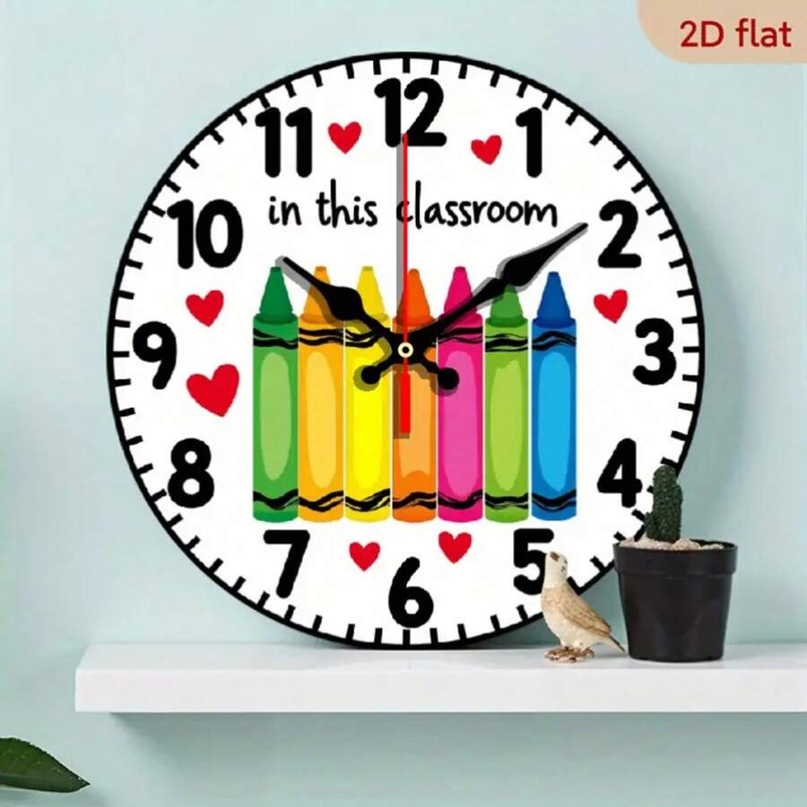 2D Flat, Retro Crayon Theme Classroom Wall Clock - 10inch Wooden Quartz Movement, Non-Luminous, Round Shape, Perfect For Halloween And Christmas Home Decor, Classroom Decoration |   Optimistic Design |   Wooden Clock, Classroom Decoration, 2D Flat - 彩色 - 查看 1