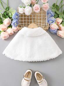 Girls' Soft Plush Turndown Collar Jacket With Cute Pom Pom Poncho Cape, Autumn/Winter