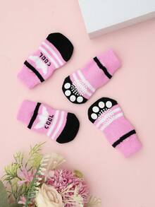 4pcs/Set Cute Pet Dog Socks, Anti-Slip Cat Dog Paw Protector Shoes, Suitable For Small Dogs Like Poodle, Yorkshire Terrier, Chihuahua For Indoor Use To Prevent Falling - Pink - View 3